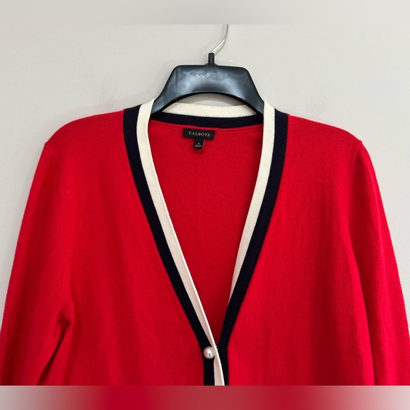 TALBOTS Super Soft Tipped Cardigan Cashmere Blend Pearl Buttons, Red, S - Picture 5 of 9